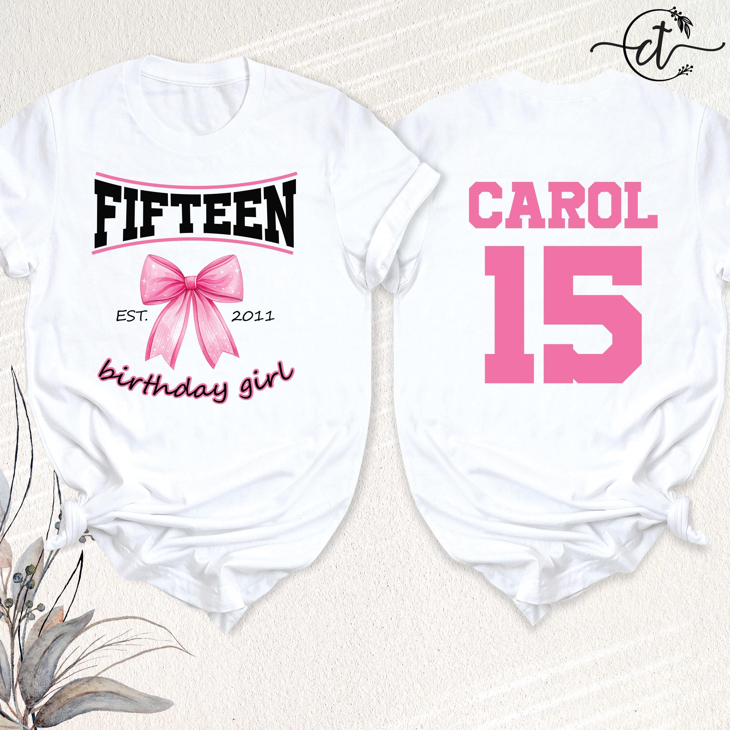 15th Birthday Girl Shirt Coquette Pink Bow Tee, Custom Name Fifteen Bday Tshirt, Personalized 15 Year Old Birthday Party Outfit