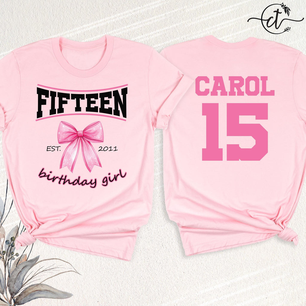 15th Birthday Girl Shirt Coquette Pink Bow Tee, Custom Name Fifteen Bday Tshirt, Personalized 15 Year Old Birthday Party Outfit