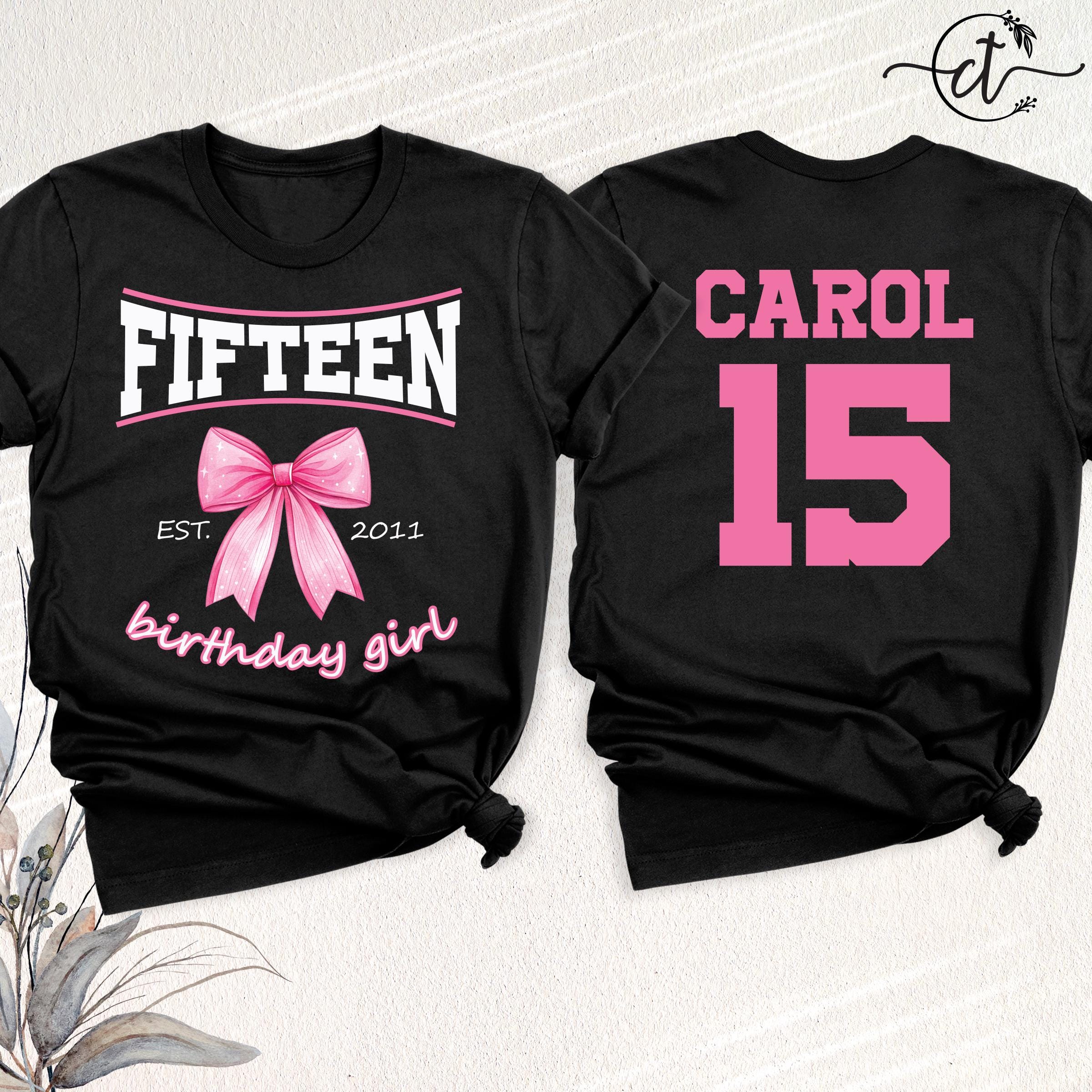 15th Birthday Girl Shirt Coquette Pink Bow Tee, Custom Name Fifteen Bday Tshirt, Personalized 15 Year Old Birthday Party Outfit