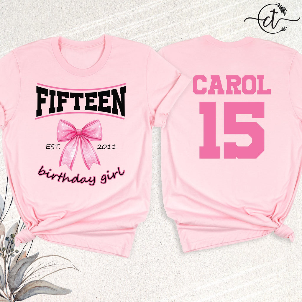 15th Birthday Girl Shirt Coquette Pink Bow Tee, Custom Name Fifteen Bday Tshirt, Personalized 15 Year Old Birthday Party Outfit