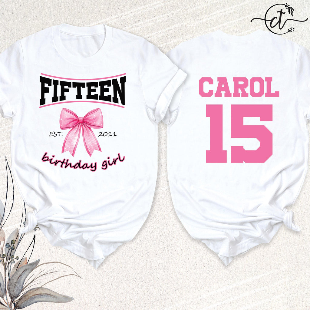 15th Birthday Girl Shirt Coquette Pink Bow Tee, Custom Name Fifteen Bday Tshirt, Personalized 15 Year Old Birthday Party Outfit
