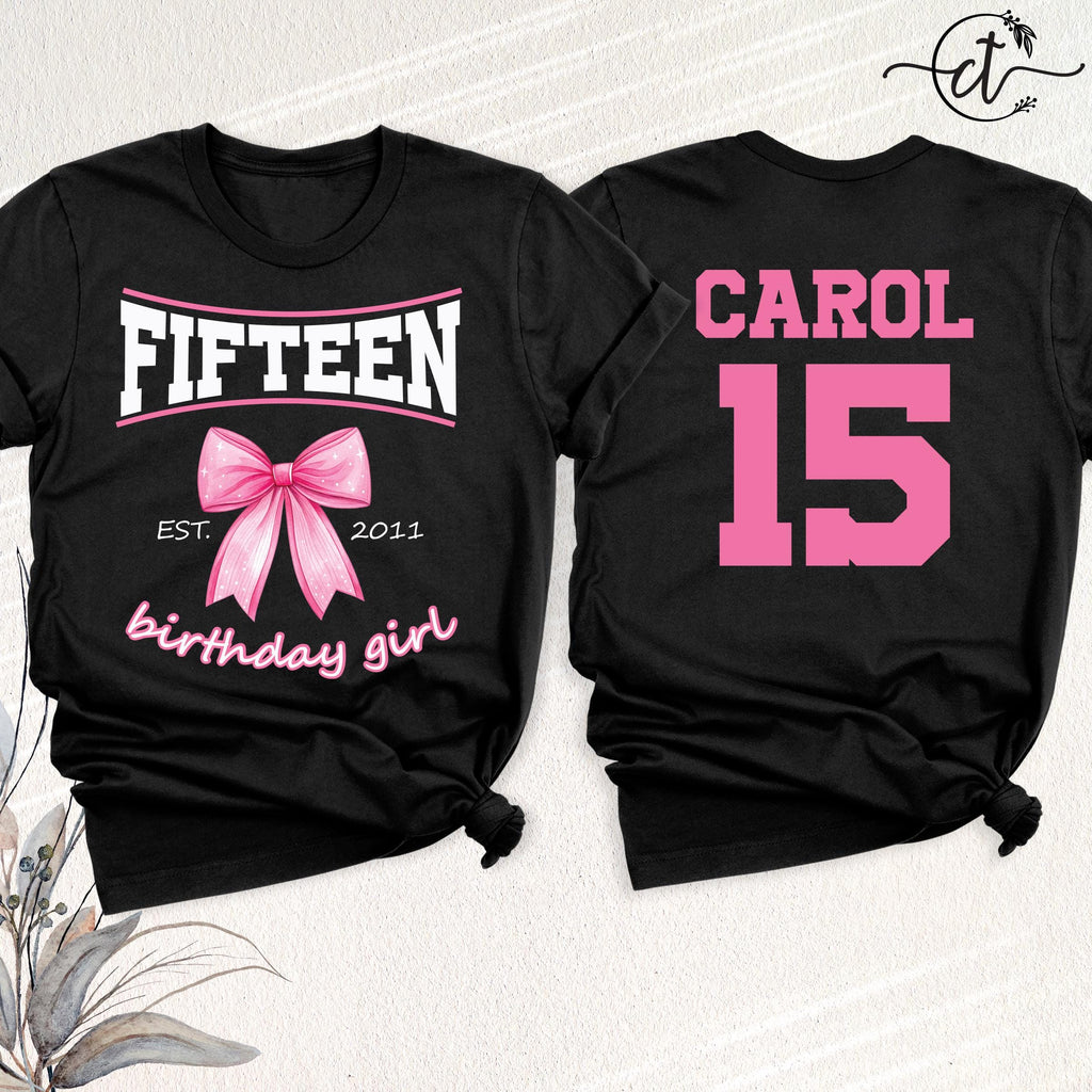 15th Birthday Girl Shirt Coquette Pink Bow Tee, Custom Name Fifteen Bday Tshirt, Personalized 15 Year Old Birthday Party Outfit