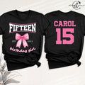 15th Birthday Girl Shirt Coquette Pink Bow Tee, Custom Name Fifteen Bday Tshirt, Personalized 15 Year Old Birthday Party Outfit