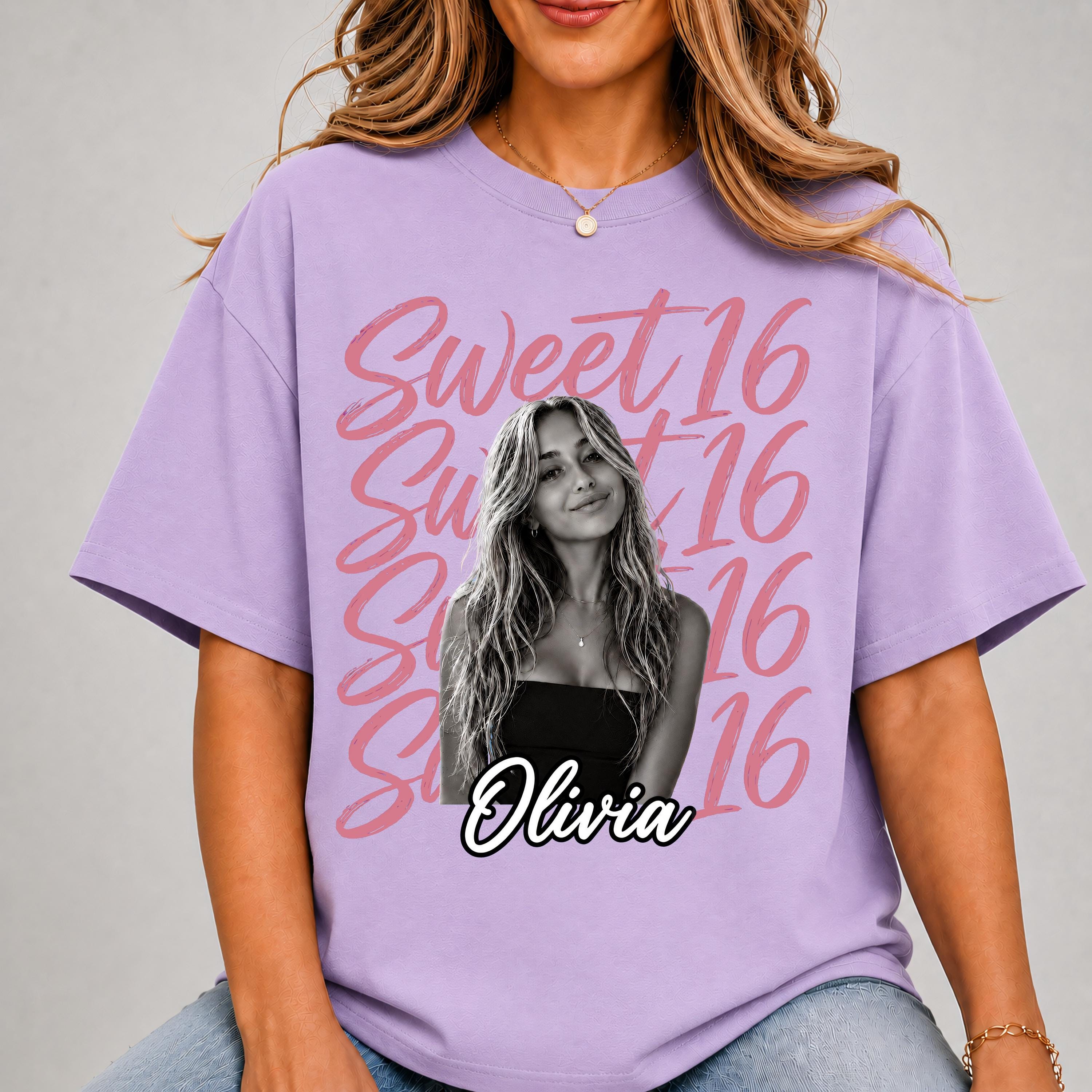 Sweet 16 Birthday Shirt with Custom Photo and Name, 16th Birthday Party Tee, Sweet Sixteen Gift for Her, Personalized Birthday Shirt
