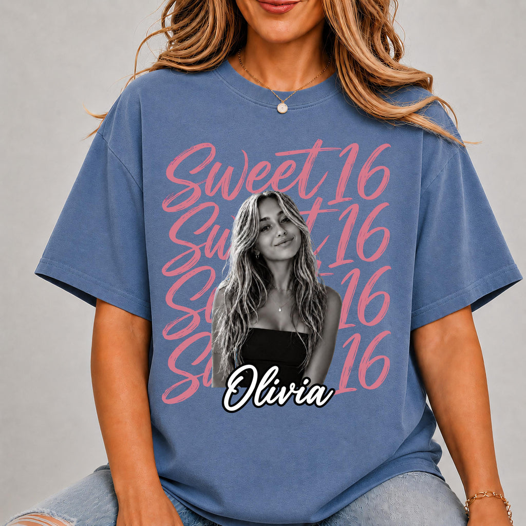 Sweet 16 Birthday Shirt with Custom Photo and Name, 16th Birthday Party Tee, Sweet Sixteen Gift for Her, Personalized Birthday Shirt