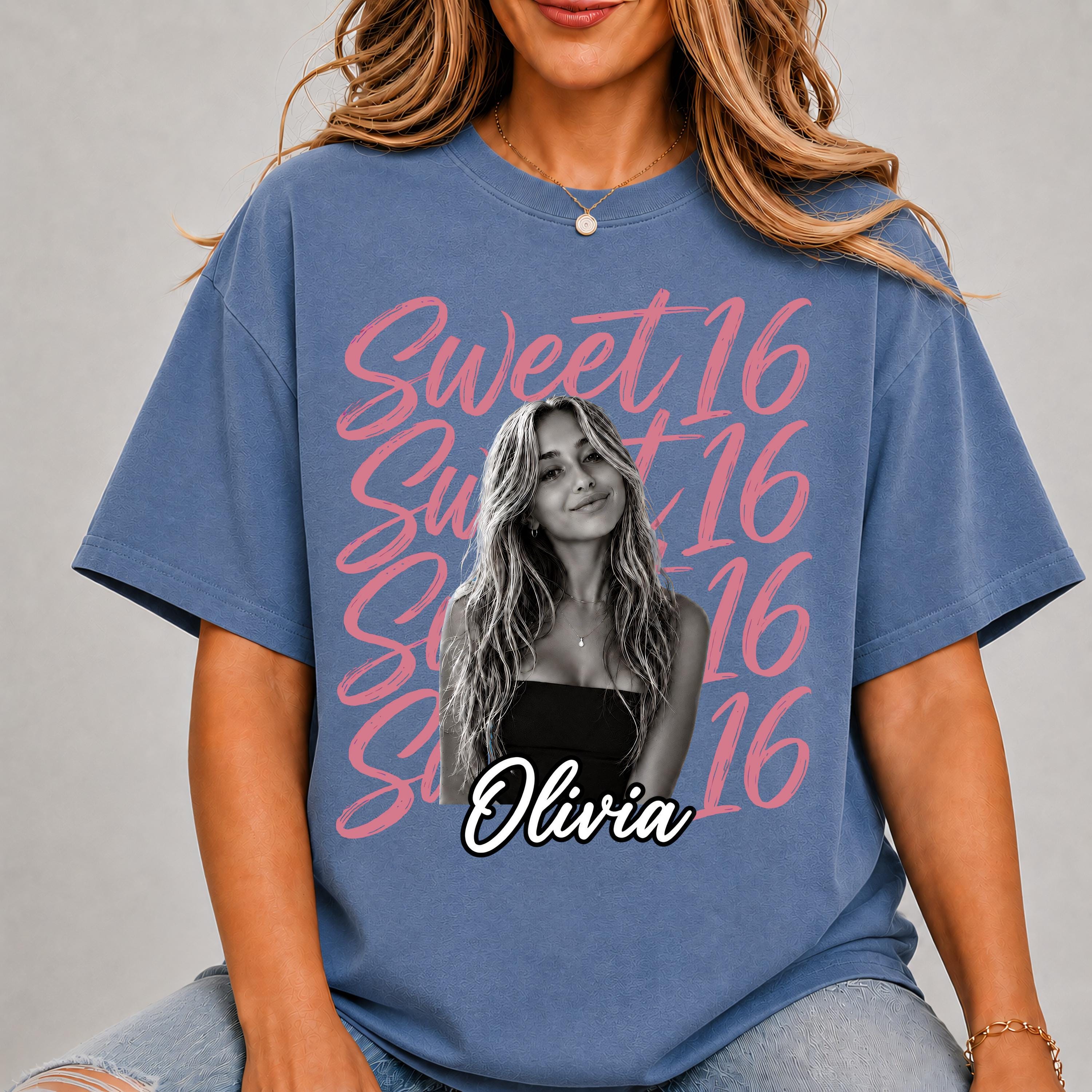 Sweet 16 Birthday Shirt with Custom Photo and Name, 16th Birthday Party Tee, Sweet Sixteen Gift for Her, Personalized Birthday Shirt
