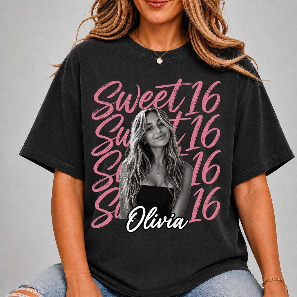 Sweet 16 Birthday Shirt with Custom Photo and Name, 16th Birthday Party Tee, Sweet Sixteen Gift for Her, Personalized Birthday Shirt