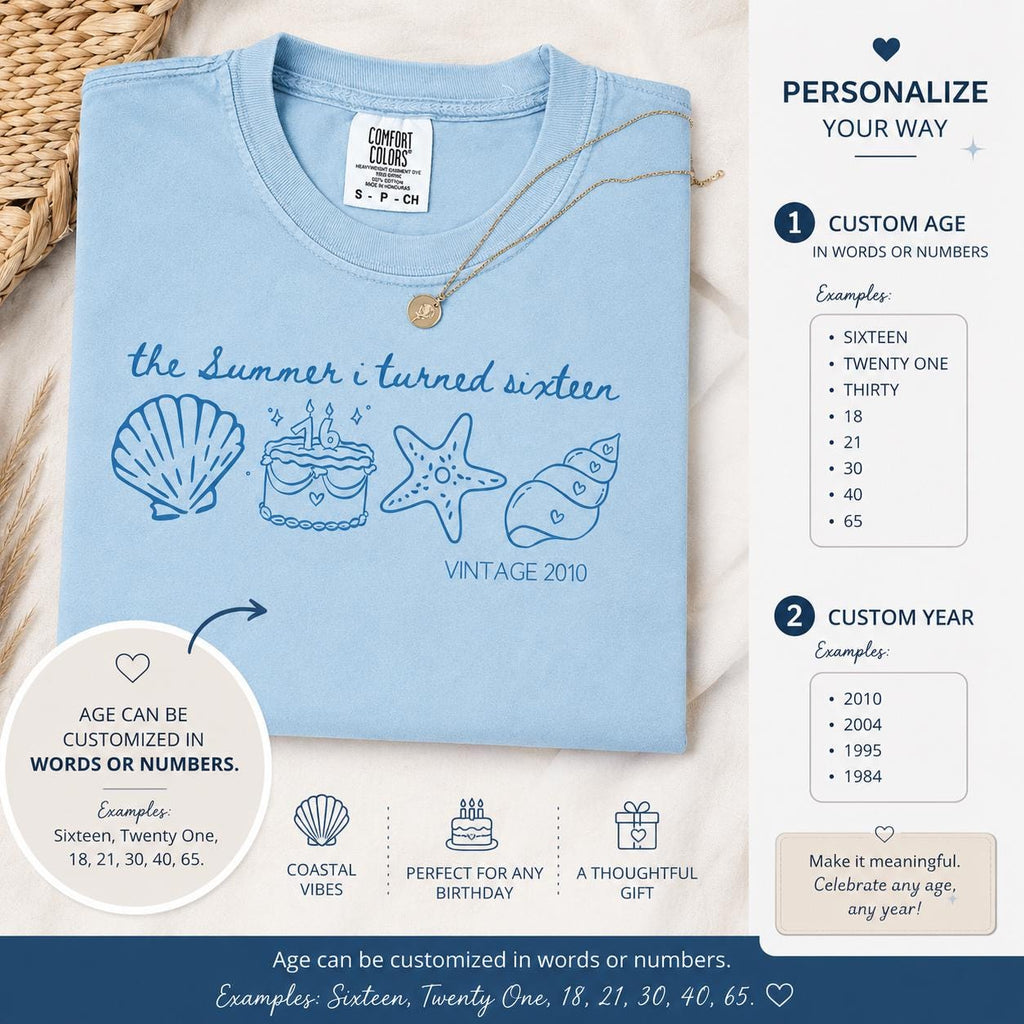 The Summer I Turned Sixteen Shirt, Vintage Birthday Tee,Custom Age Year Shirt,Beach Birthday Gift, Sweet 16 Party Shirt,Coastal Birthday Tee