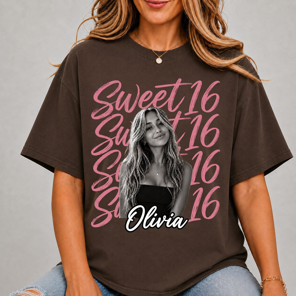 Sweet 16 Birthday Shirt with Custom Photo and Name, 16th Birthday Party Tee, Sweet Sixteen Gift for Her, Personalized Birthday Shirt