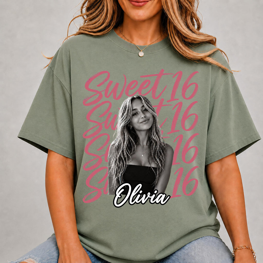 Sweet 16 Birthday Shirt with Custom Photo and Name, 16th Birthday Party Tee, Sweet Sixteen Gift for Her, Personalized Birthday Shirt