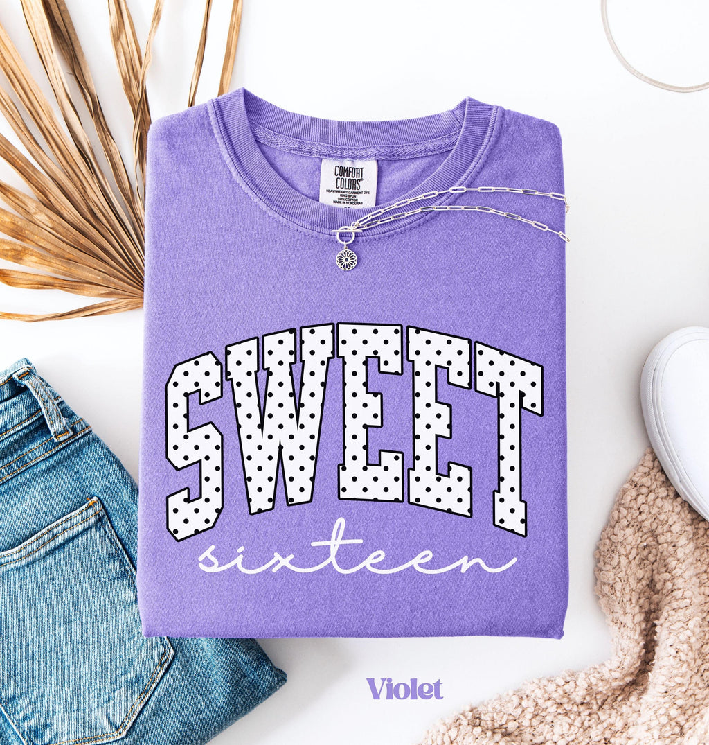 Polka Dot Sweet Sixteen Shirt, Comfort Colors® 16th Birthday Shirt, Girls Birthday Party Shirt, 16th Birthday Trip Shirt, Gift for Teen Girl