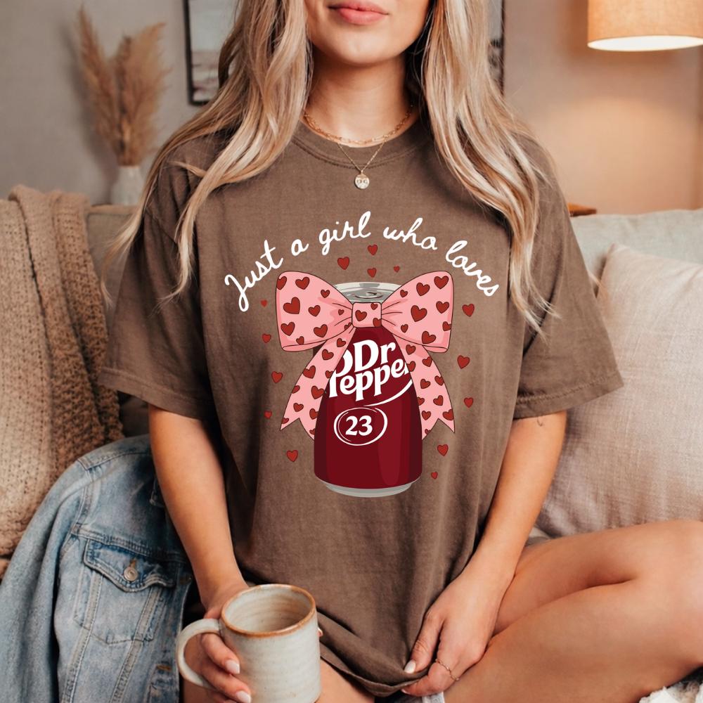 Just a Girl Who Loves Dr Pepper T-Shirt | Funny Soda Lover with Pink Bow, Retro Dr Pepper, Coquette Valentine